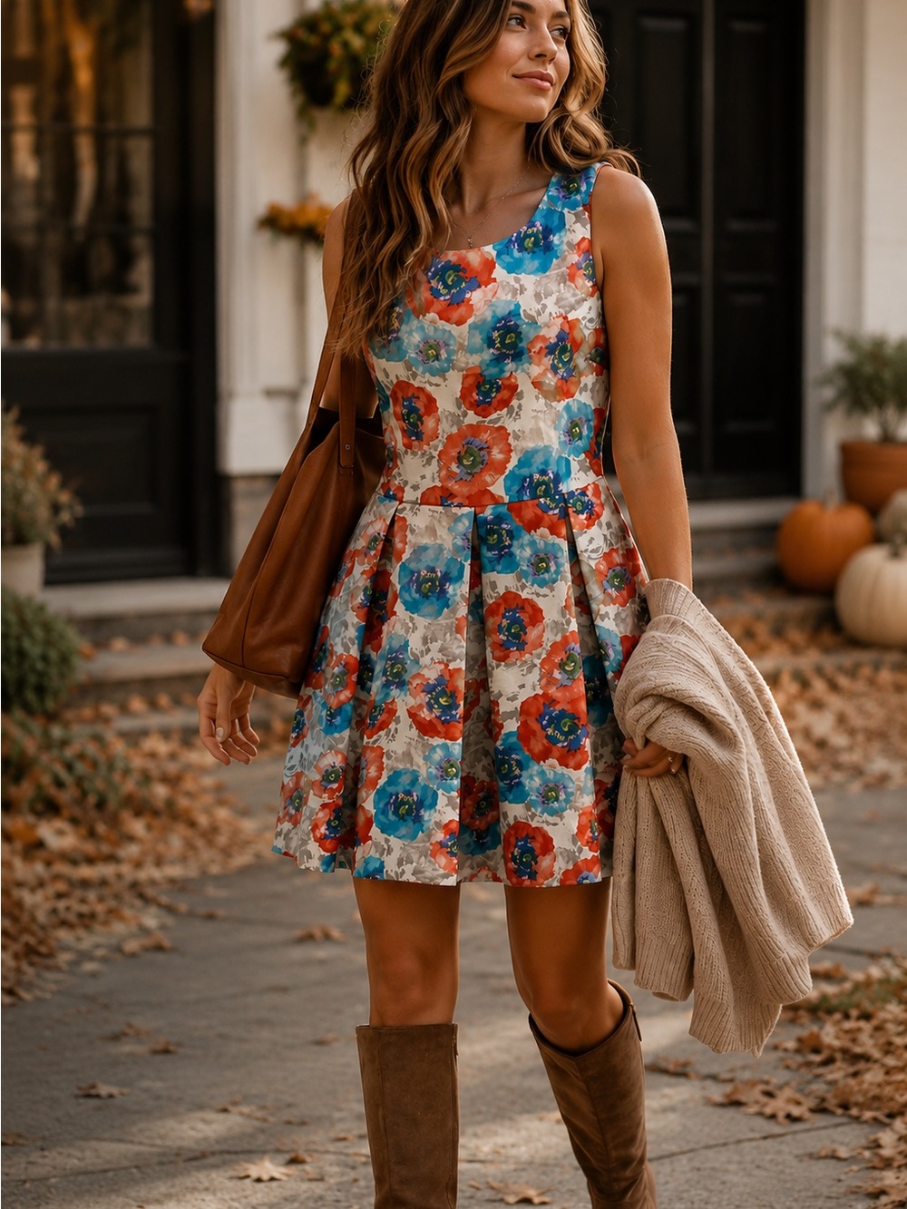 Collective Concepts Floral Fit & Flare Dress | Blue & Red Poppy Print | Size L